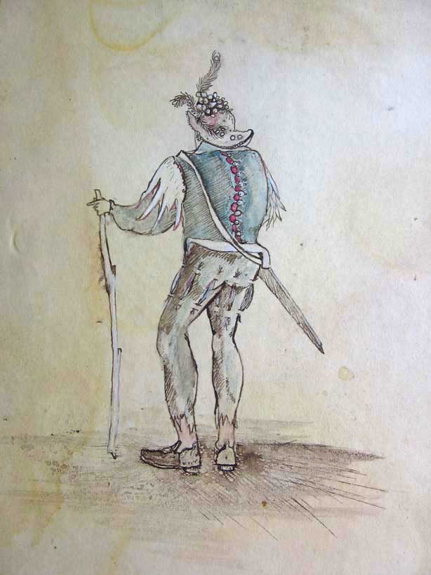 Costume Design of figure facing back with a sword