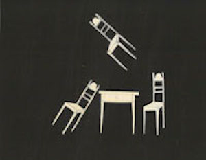 Black and white drawing of white chairs rearranging in space