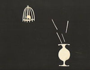 Black and white drawing of vase and birdcage