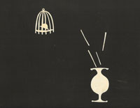 Black and white drawing of vase and birdcage